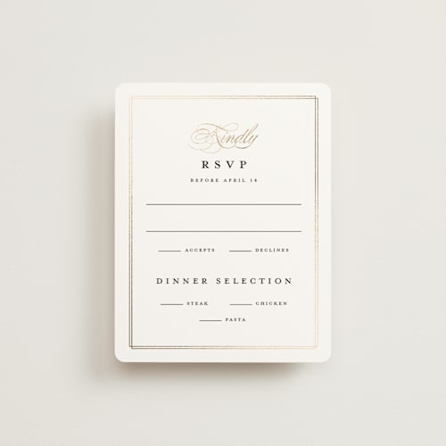 This is a linen rsvp cards with foil pressed by Erica Krystek called timeless printing on signature in standard