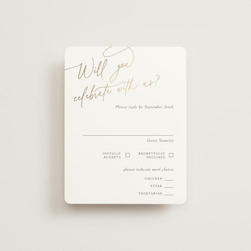 This is a marshmallow rsvp cards with foil pressed by Kaydi Bishop called the wedding printing on signature in standard