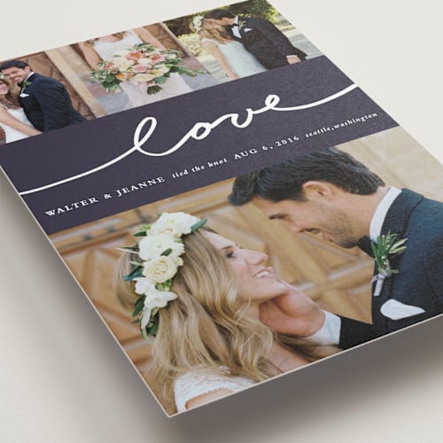 This is a eggplant wedding announcements with standard by Stacey Meacham called oh joy printing on recycled smooth signature in standard