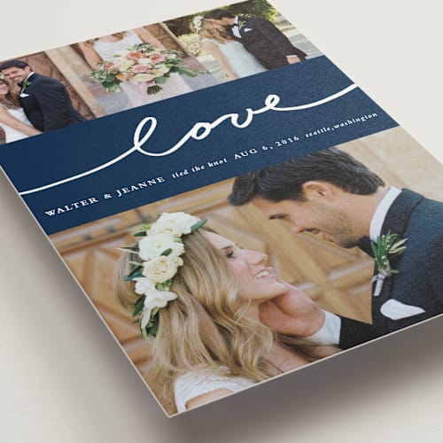 This is a midnight wedding announcements with standard by Stacey Meacham called oh joy printing on recycled smooth signature in standard