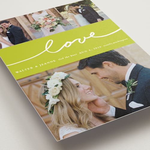 This is a lime wedding announcements with standard by Stacey Meacham called oh joy printing on recycled smooth signature in standard