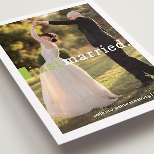 This is a lime wedding announcements with standard by Snow and Ivy called be joyful printing on recycled smooth signature in standard