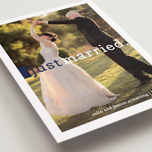 This is a navy wedding announcements with standard by Snow and Ivy called be joyful printing on recycled smooth signature in standard