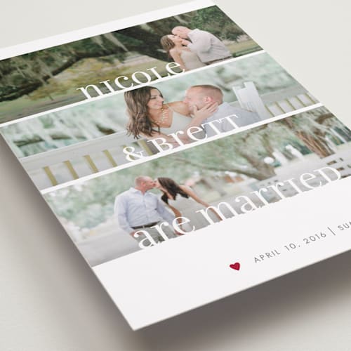 This is a burgundy wedding announcements with standard by Susie Allen called clean merry wishes printing on recycled smooth signature in standard