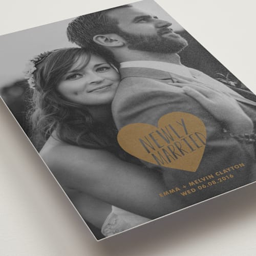 This is a bronze wedding announcements with standard by Kim Chow called merry + married printing on recycled smooth signature in standard
