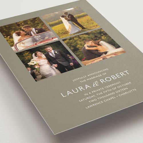 This is a taupe wedding announcements with standard by Carrie Eckert called moments captured printing on recycled smooth signature in standard