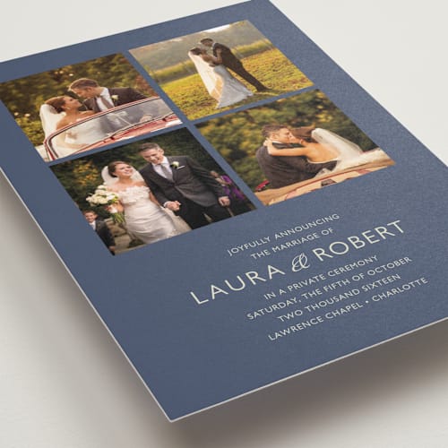 This is a navy wedding announcements with standard by Carrie Eckert called moments captured printing on recycled smooth signature in standard