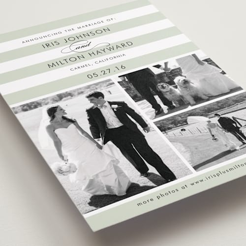 This is a pistachio wedding announcements with standard by Jill Means called striped gallery printing on recycled smooth signature in standard