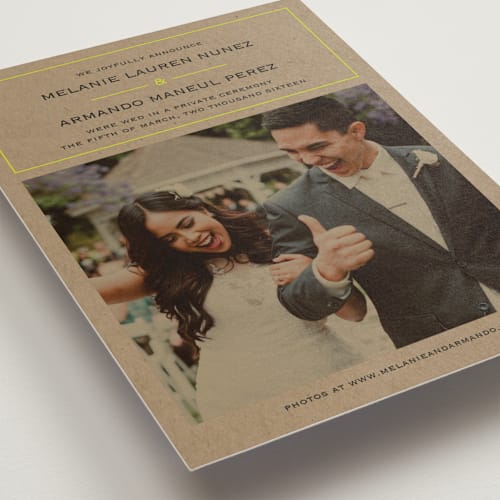 This is a chartreuse wedding announcements with standard by Waldo Press called vintage kraft printing on recycled smooth signature in standard