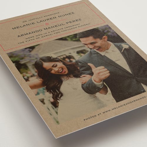 This is a tomato wedding announcements with standard by Waldo Press called vintage kraft printing on recycled smooth signature in standard