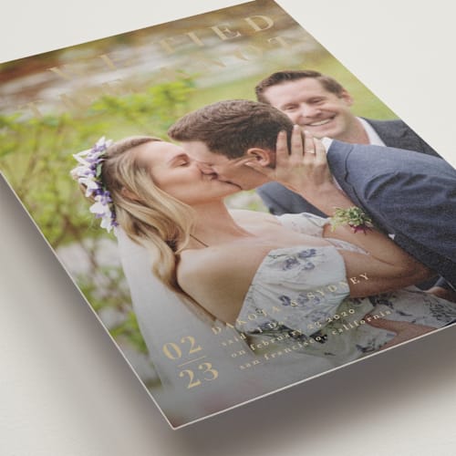 This is a golden rod wedding announcements with standard by Shannon Chen of Four Wet Feet Studio called minimalism printing on recycled smooth signature in standard