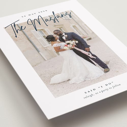 This is a lake wedding announcements with standard by Stacey Meacham called signature names printing on recycled smooth signature in standard