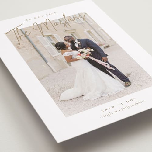 This is a khaki wedding announcements with standard by Stacey Meacham called signature names printing on recycled smooth signature in standard