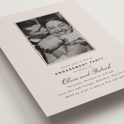 This is a dusty rose engagement party invitations with standard by Creo Study called natty printing on recycled smooth signature in standard