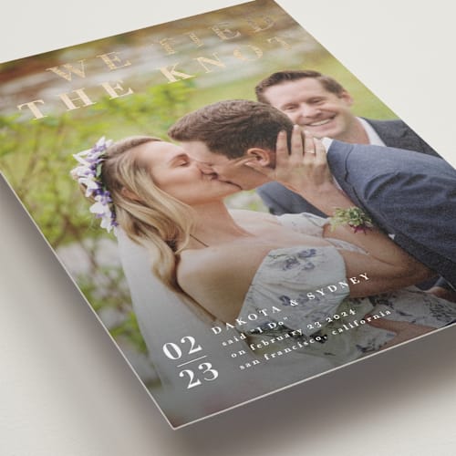This is a ivory wedding announcements with foil pressed by Shannon Chen of Four Wet Feet Studio called minimalism printing on recycled smooth signature in standard