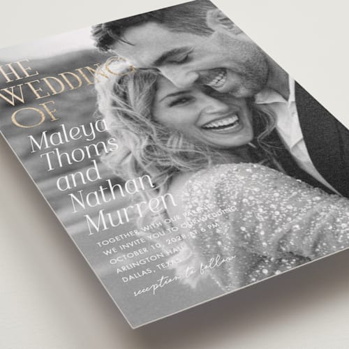 This is a lace foil stamped wedding invitations with foil pressed by Kaydi Bishop called magazine printing on recycled smooth signature in standard