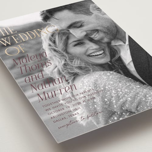 This is a plum foil stamped wedding invitations with foil pressed by Kaydi Bishop called magazine printing on recycled smooth signature in standard