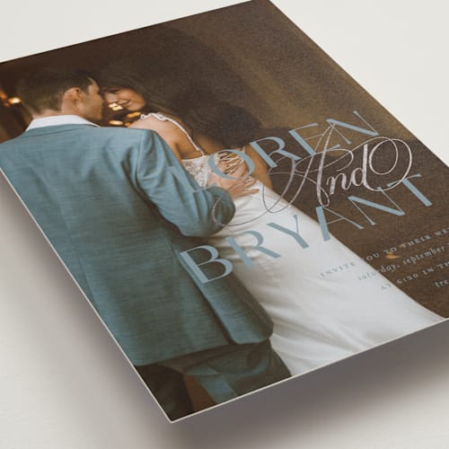 This is a slate foil stamped wedding invitations with foil pressed by Christie Garcia called loren printing on recycled smooth signature in standard