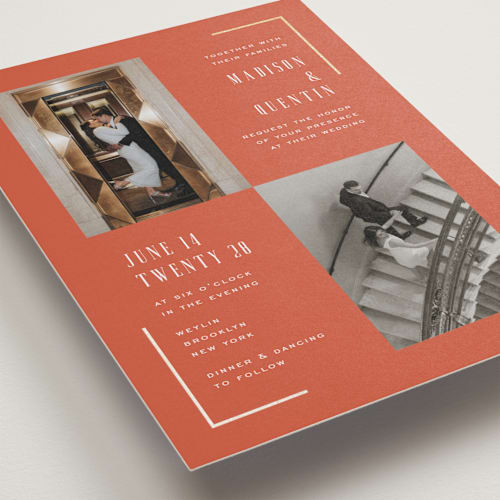 This is a hibiscus foil stamped wedding invitations with foil pressed by Heather Schertzer called documentary printing on recycled smooth signature in standard