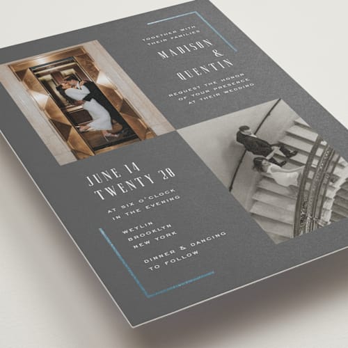 This is a granite foil stamped wedding invitations with foil pressed by Heather Schertzer called documentary printing on recycled smooth signature in standard