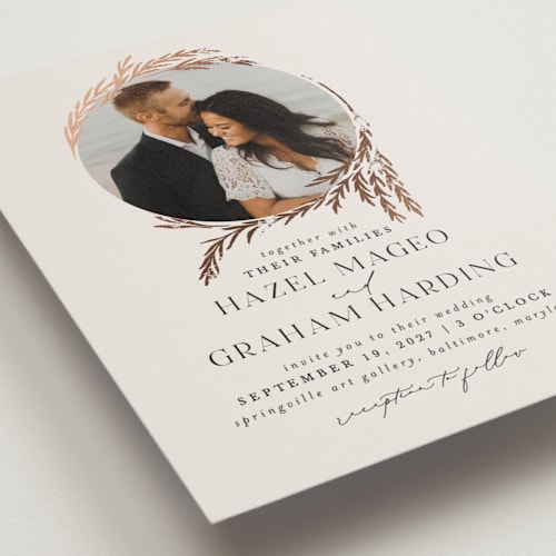 This is a pearl foil stamped wedding invitations with foil pressed by Erin L. Wilson called locket printing on recycled smooth signature in standard