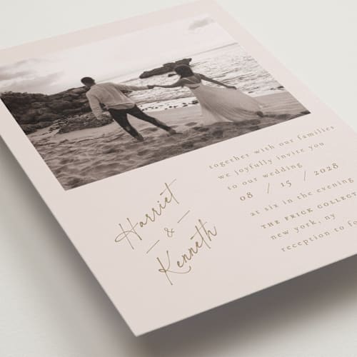 This is a blush wedding invitations with standard by Ana de Sousa called scripted elegance printing on recycled smooth signature in standard