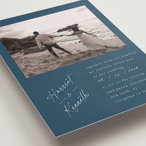 This is a navy wedding invitations with standard by Ana de Sousa called scripted elegance printing on recycled smooth signature in standard