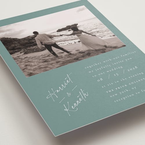 This is a turquoise wedding invitations with standard by Ana de Sousa called scripted elegance printing on recycled smooth signature in standard