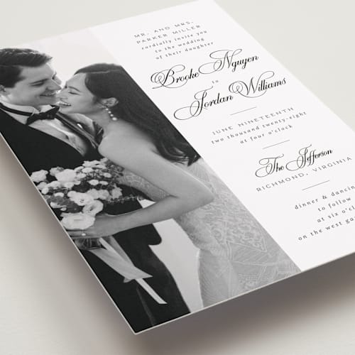 This is a tuxedo wedding invitations with standard by Orasie called side by side printing on recycled smooth signature in standard