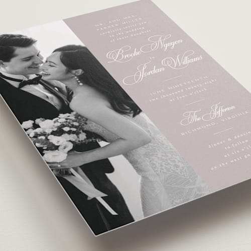 This is a latte wedding invitations with standard by Orasie called side by side printing on recycled smooth signature in standard