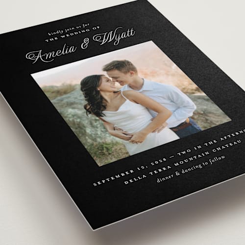 This is a onyx wedding invitations with standard by Pixel and Hank called terra printing on recycled smooth signature in standard