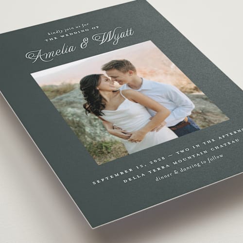 This is a pine wedding invitations with standard by Pixel and Hank called terra printing on recycled smooth signature in standard