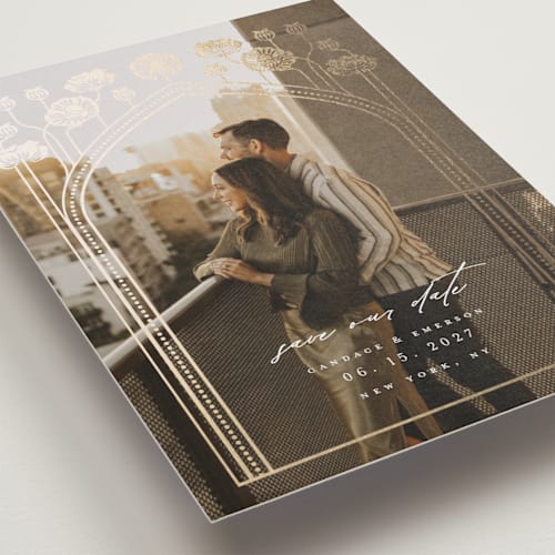 This is a pearl foil stamped save the date cards with foil pressed by Ana de Sousa called nouveau flowers printing on recycled smooth signature in standard
