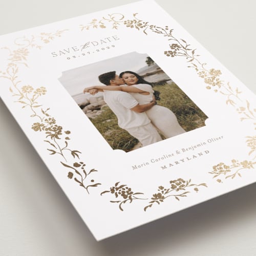 This is a gold summer foil stamped save the date cards with foil pressed by Erin L. Wilson called victorian trellis printing on recycled smooth signature in standard