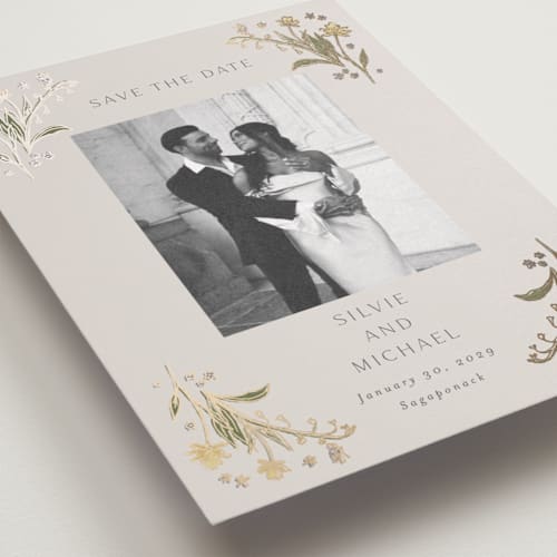 This is a petal foil stamped save the date cards with foil pressed by Nicoletta Savod called parisian garden printing on recycled smooth signature in standard