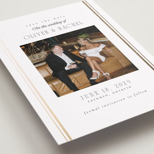 This is a pearl foil stamped save the date cards with foil pressed by Nicole Walsh called side stripe printing on recycled smooth signature in standard