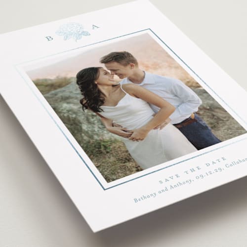 This is a seaside foil stamped save the date cards with foil pressed by Stacey Meacham called hydrangea bloom printing on recycled smooth signature in standard