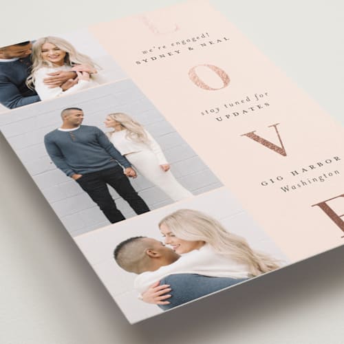 This is a blush foil stamped save the date cards with foil pressed by Stacey Meacham called lovely stack printing on recycled smooth signature in standard