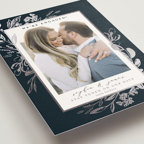 This is a navy foil stamped save the date cards with foil pressed by Susan Moyal called our day printing on recycled smooth signature in standard