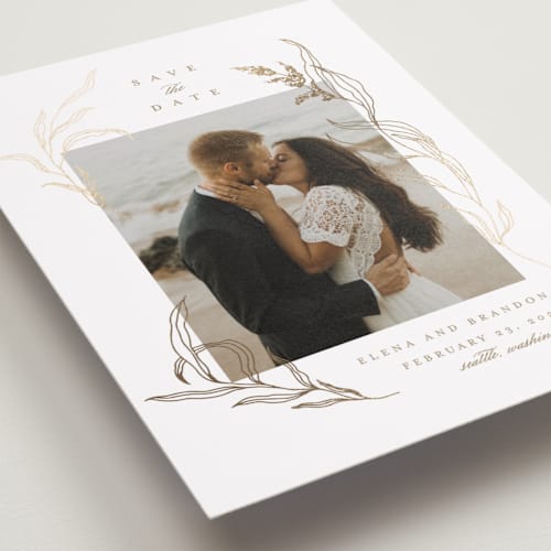 This is a diamond foil stamped save the date cards with foil pressed by Grae called nature embrace printing on recycled smooth signature in standard