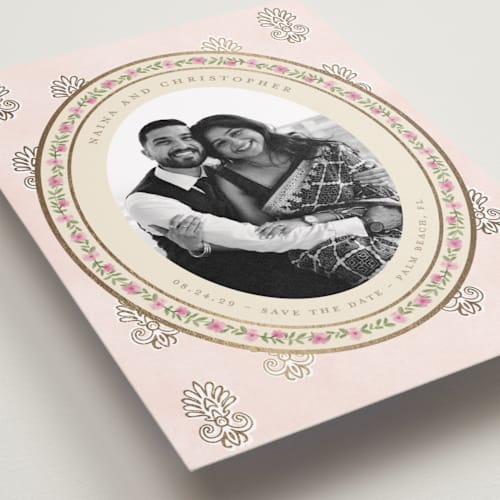 This is a shubh foil stamped save the date cards with foil pressed by Creo Study called amalgamation printing on recycled smooth signature in standard