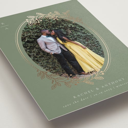 This is a fern foil stamped save the date cards with foil pressed by Jen Owens called vine wrap printing on recycled smooth signature in standard