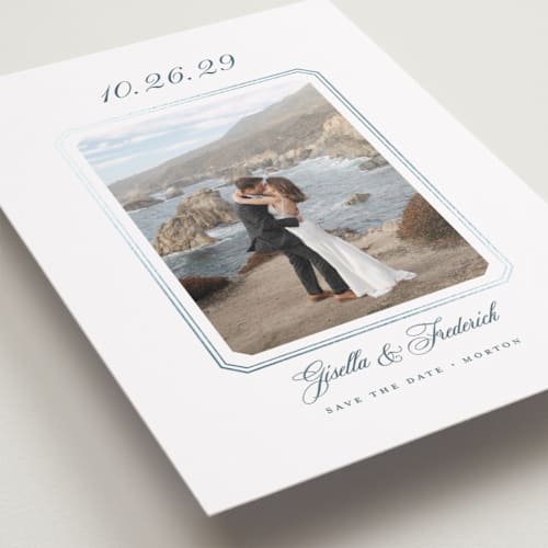 This is a pearl foil stamped save the date cards with foil pressed by chocomocacino called othellolagkage printing on recycled smooth signature in standard