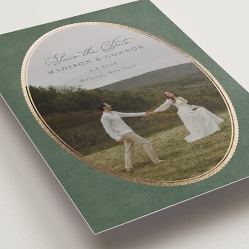 This is a rosemary foil stamped save the date cards with foil pressed by Emily Betts called vintage oval printing on recycled smooth signature in standard