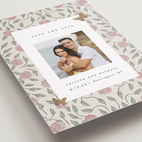 This is a blush foil stamped save the date cards with foil pressed by Grae called dancing in the garden printing on recycled smooth signature in standard