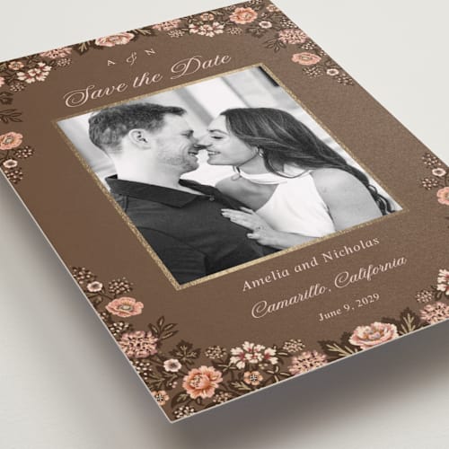 This is a chocolate foil stamped save the date cards with foil pressed by Paola Benenati called blooming path printing on recycled smooth signature in standard