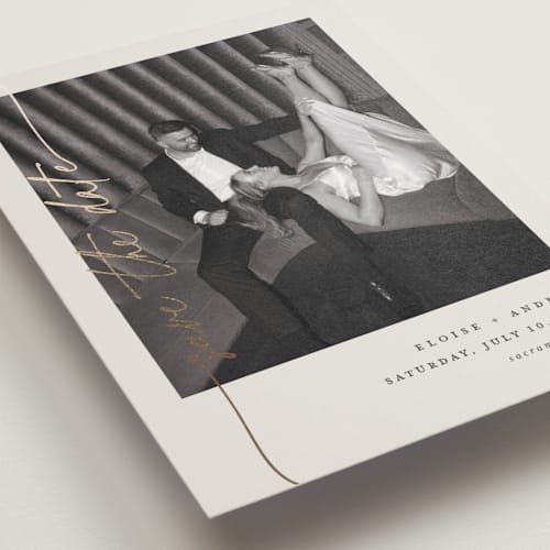 This is a linen foil stamped save the date cards with foil pressed by Pippa Shaw called silk printing on recycled smooth signature in standard