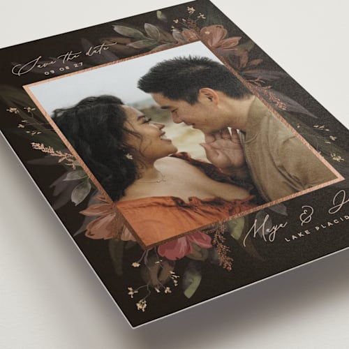 This is a latte foil stamped save the date cards with foil pressed by Susan Moyal called wild love printing on recycled smooth signature in standard