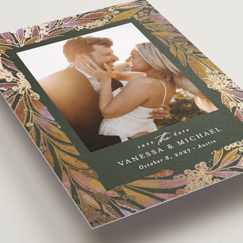 This is a sage foil stamped save the date cards with foil pressed by Jessica Corliss called floral foil printing on recycled smooth signature in standard