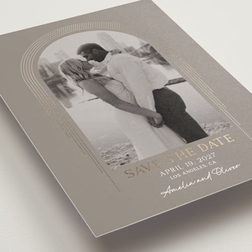 This is a mist foil stamped save the date cards with foil pressed by Paola Benenati called eternity printing on recycled smooth signature in standard